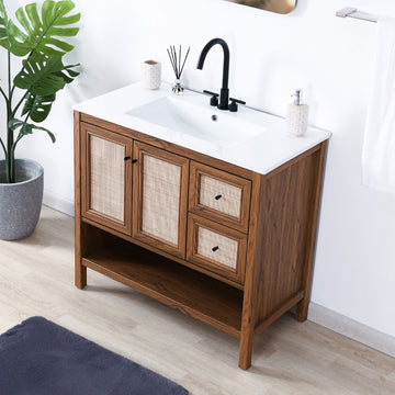 Jasper Rattan Modern Coastal 2-Shelf Bath Vanity Cabinet Only (Sink Basin Not Included)